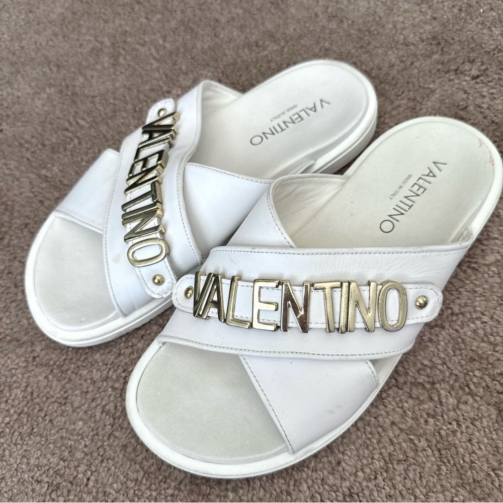VALENTINO Gea Logo Crossover White Leather Slides Slip On Sandals